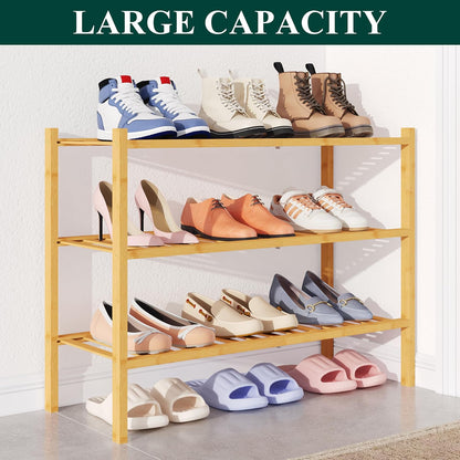 Smiry Bamboo Shoe Rack for Closet, 3 Tier Wooden Shoe Organizer, Stackable Wood Shoe Storage Shelf for Entryway, 14 Vertical Slats, One-piece Heavy-Duty Legs, 26.77"x11.02"x18.31", Natural