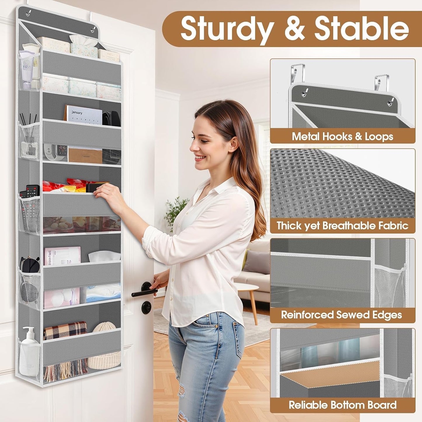 WISELIFE Over The Door Organizer Storage with 4 Large Pockets Door Hanging Organizer with Clear Windows behind The Door Storage for Nursery Bedroom Bathroom Pantry Closet and Baby Essentials Dark Grey