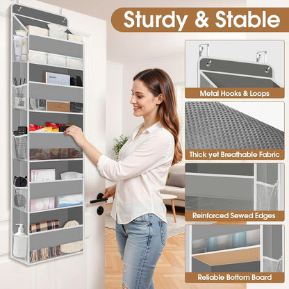 WISELIFE Over The Door Organizer Storage with 4 Large Pockets Door Hanging Organizer with Clear Windows behind The Door Storage for Nursery Bedroom Bathroom Pantry Closet and Baby Essentials Dark Grey