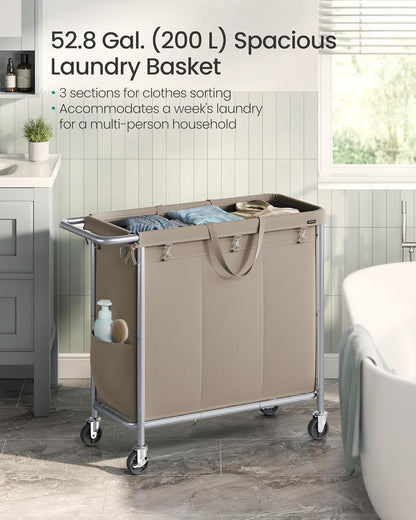 SONGMICS Laundry Basket with Wheels, 3-Section Rolling Laundry Hamper, 52.8 Gallons (200 L), Removable Liner, Steel Frame with Handle, 35.8 x 15.4 x 31.9 Inches, Cream White URLS005W01