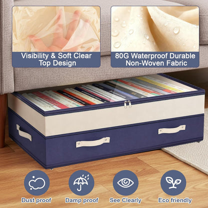 Dolicer 2 Pack Under Bed Storage with Wheels, 6in-10in Height Adjustable Underbed Storage Containers, 92L XXXL Under Bed Drawers Rolling Bin with Clear Lids for Dorm Shoes Clothes Organizers(Grey)