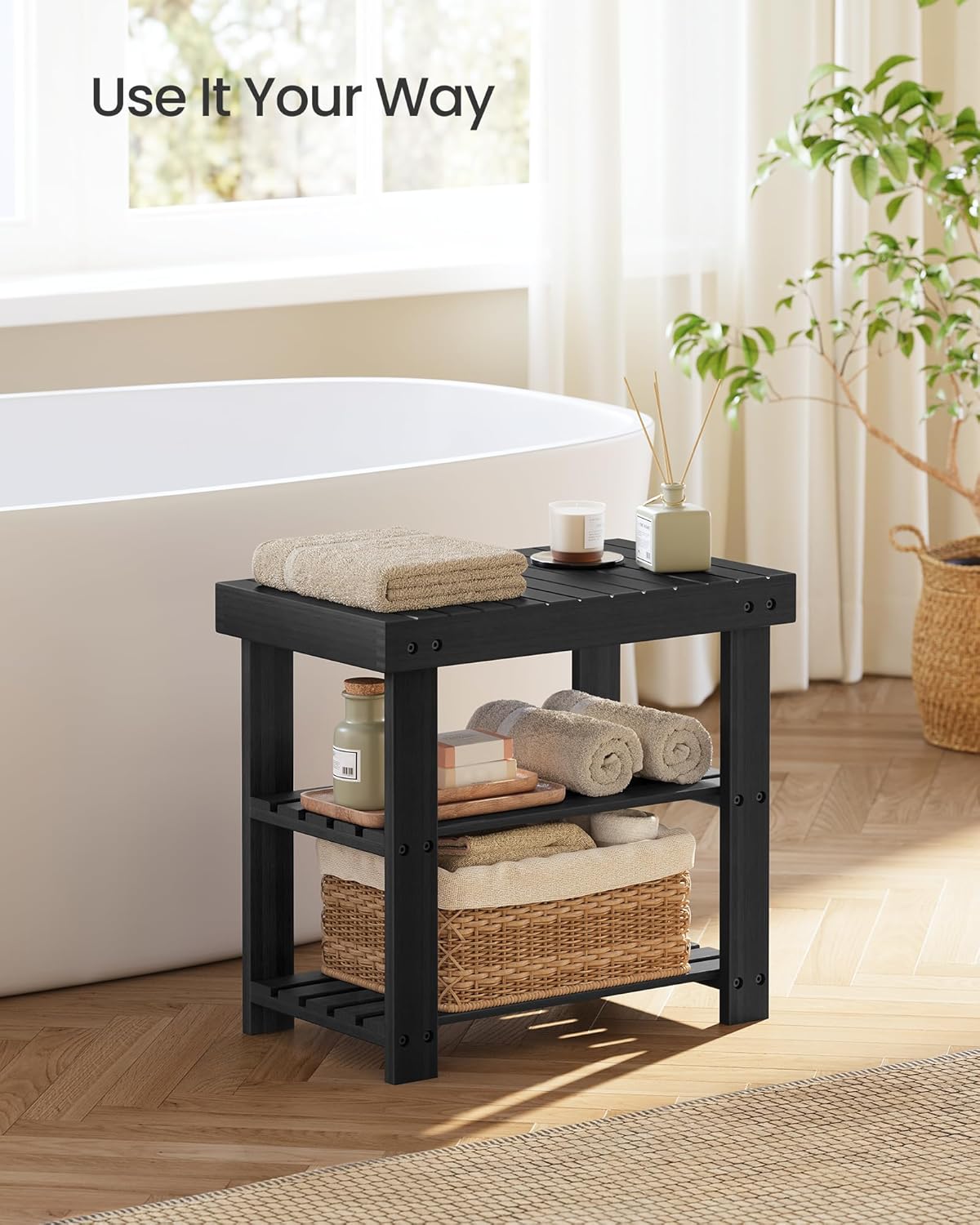 SONGMICS Shoe Rack Bench, 3-Tier Bamboo Shoe Storage Organizer, Entryway Bench, Holds Up to 286 lb, 11.3 x 27.6 x 17.8 Inches, for Entryway Bathroom Bedroom, Ink Black ULBS04H
