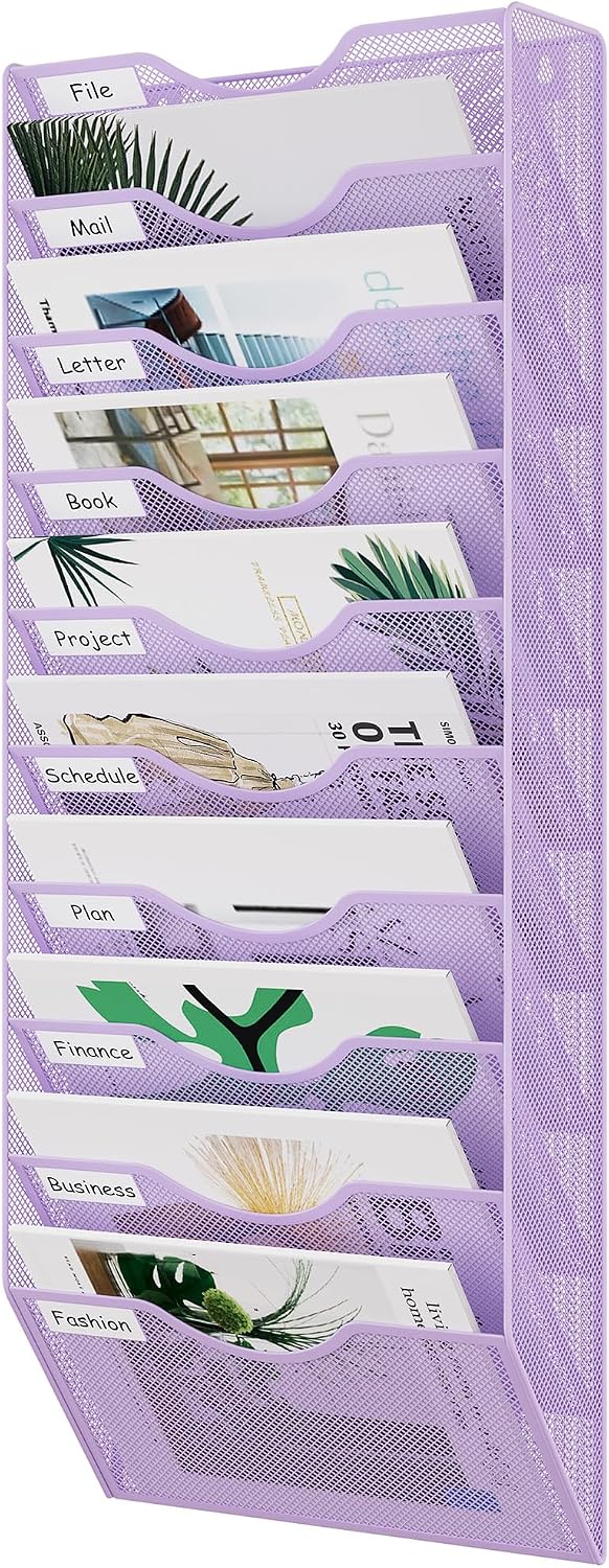 EasyPAG 5 Pocket Mesh Wall File Organizer with Key Hooks, Hanging Paper Folder Holder with Classify Label, Vertical Wall Mount Mail Organizer for Office Home Classroom, Black