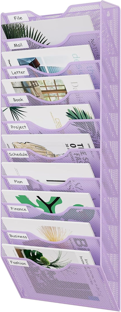 EasyPAG 5 Pocket Mesh Wall File Organizer with Key Hooks, Hanging Paper Folder Holder with Classify Label, Vertical Wall Mount Mail Organizer for Office Home Classroom, Black