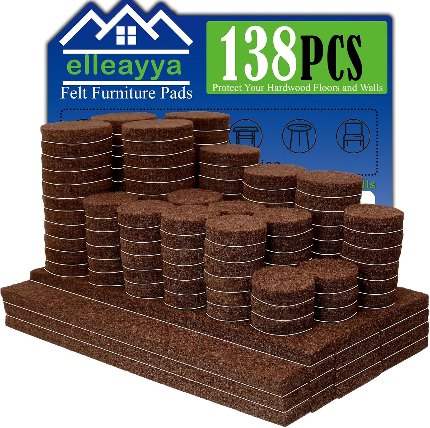 Felt Pads for Furniture, Felt Pads for Chair Legs (138PCS: Round and Rectangle, Sizes: 1/2" ，3/4"， 7/8", 1" and 1-1/4", Self-Adhesive, Brown) Furniture Pads to Protect Hardwood Floors