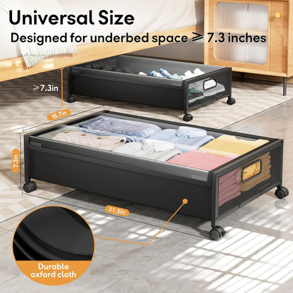 Under Bed Storage Containers with Wheels 2 Pack Underbed Shoe Storage Bedroom Storage Bins Organizer Large Capacity Under Bed Storage with Lid for Clothes Shoes Toys Blankets (Black)