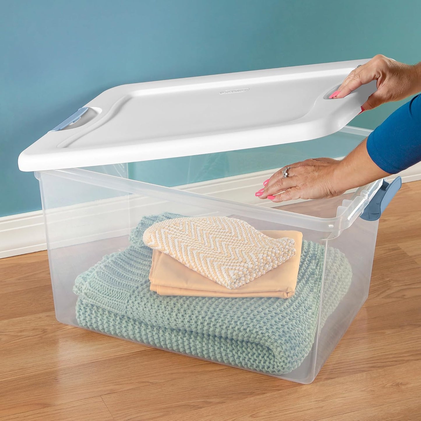 Sterilite 4-Pack 56 Quart Wheeled Latching Box, Underbed Clear Plastic Storage Organizer - Under Bed Rolling Container Bin with Lid and Wheels for Home or Dorm Bedrooms and Closets