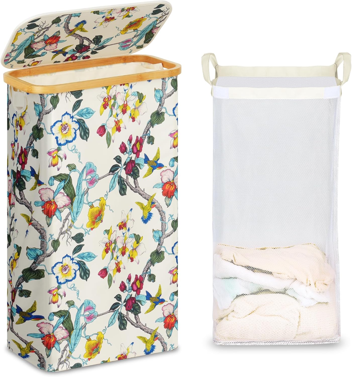 efluky Slim Laundry Basket with Lid, Narrow Laundry Hamper with Removable Bag, Skinny Dirty Clothes Basket with Bamboo Handles for Bathroom, Bedroom & Laundry Room, 75L Beige