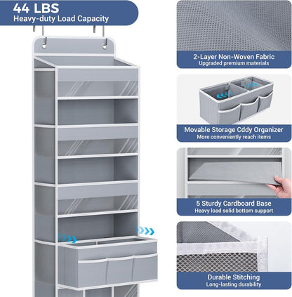 COOLBEBE 2-Pack over the Door Organizer, 5-Tier Hanging Storage with Clear Windows & Mesh Side Pockets, Heavy-Duty Nursery Closet Organizer for Baby Essentials, Bathroom, Bedroom, Grey