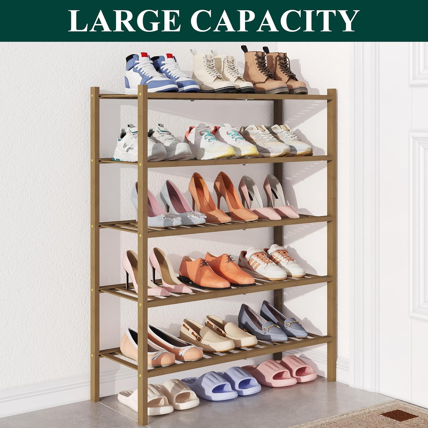 Smiry Bamboo Shoe Rack for Closet, 3 Tier Wooden Shoe Organizer, Stackable Wood Shoe Storage Shelf for Entryway, 14 Vertical Slats, One-piece Heavy-Duty Legs, 26.77"x11.02"x18.31", Natural