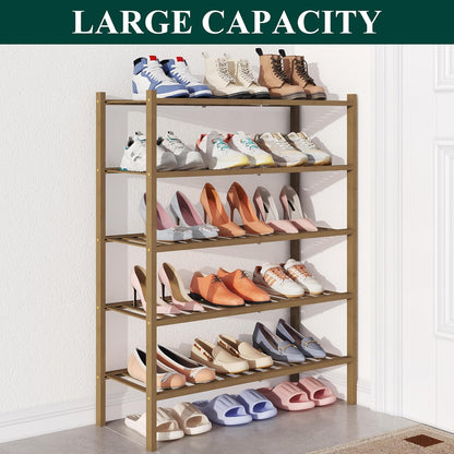 Smiry Bamboo Shoe Rack for Closet, 3 Tier Wooden Shoe Organizer, Stackable Wood Shoe Storage Shelf for Entryway, 14 Vertical Slats, One-piece Heavy-Duty Legs, 26.77"x11.02"x18.31", Natural