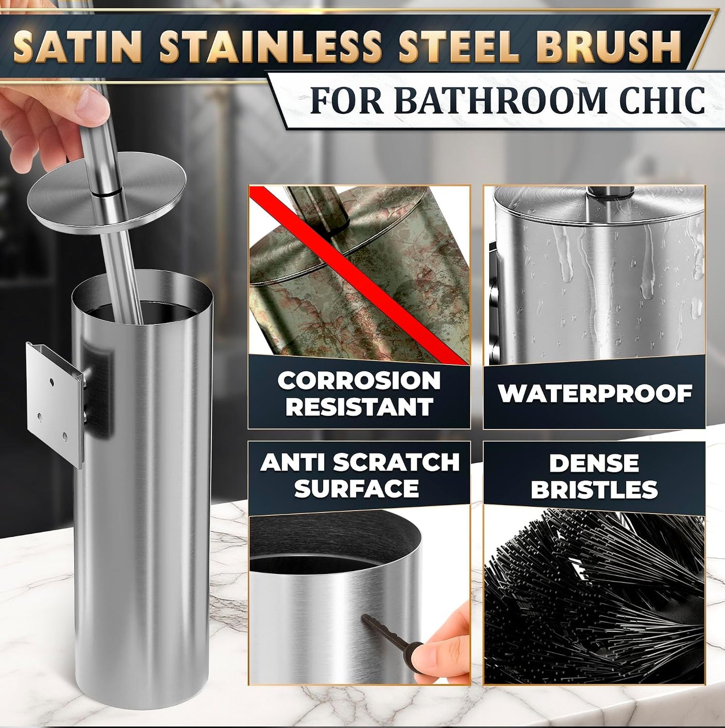 Black Toilet Brush and Holder Set - Slim Matte Design that Fits Anywhere - Stainless Steel Toilet Bowl Brush and Holder with 2 Rounded Corners, Replaceable Head, Removable Inner Bowl & Splash Guard