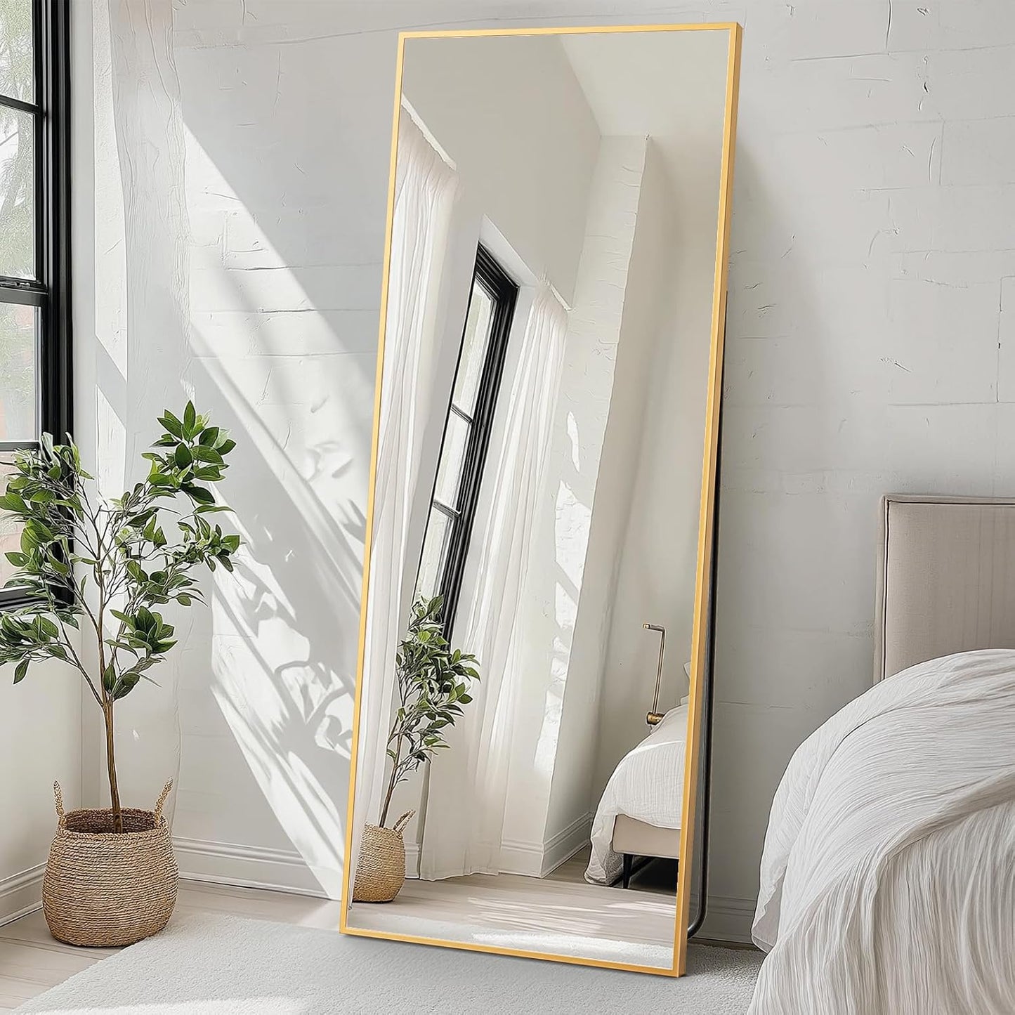 59"x16" Arched Full Length Mirror, Full Body Mirror with Leaning or Standing, Floor Standing Aluminum Frame for Bedroom, Livingroom, Cloakroom, Black