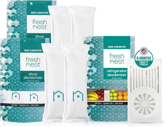 Deodorizer Bundle: Refrigerator Odor Eliminator with Zeolites (2 Pack) – Outshines Baking Soda, Charcoal & Shoe Deodorizer with Zeolites (1 Pack) for Shoes, Gym Bags, Closets, Pet Areas