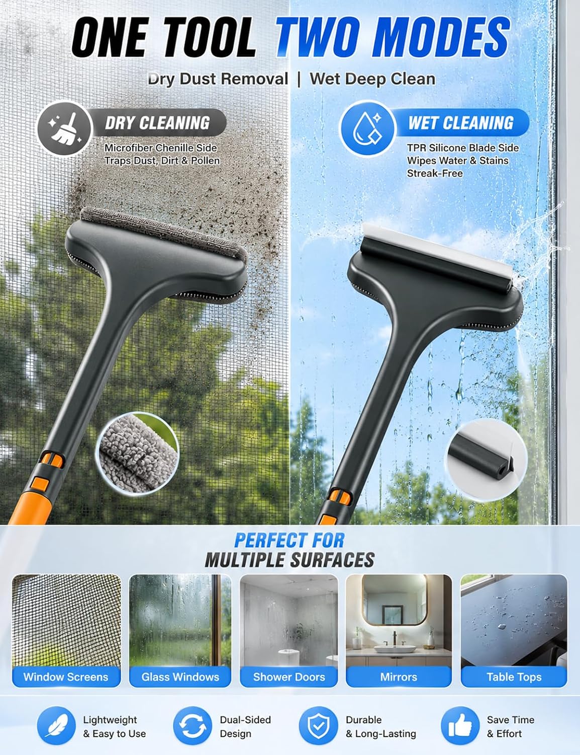Window Screen Cleaner Tool Brush Squeegee for Shower Glass Sill Mesh 30 Second Magic Double Sided Dual-Use No-Removal Vacuum Washer Outdoor Full Crystal Outside Wiper