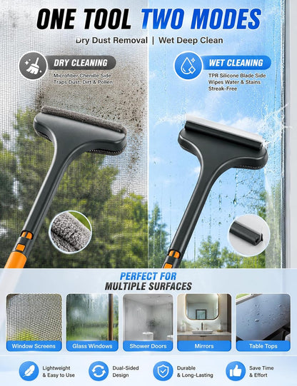 Window Screen Cleaner Tool Brush Squeegee for Shower Glass Sill Mesh 30 Second Magic Double Sided Dual-Use No-Removal Vacuum Washer Outdoor Full Crystal Outside Wiper