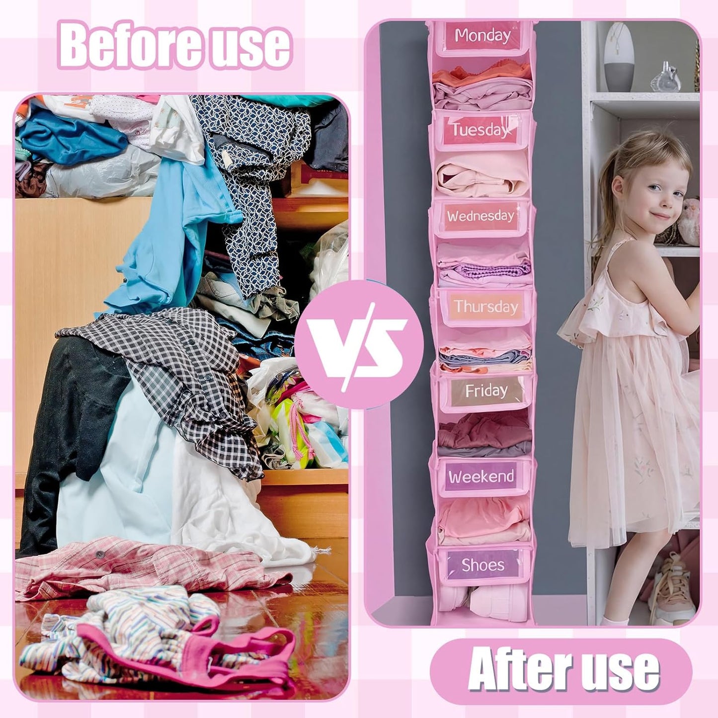 2 Pack 7 Shelf Weekly Clothes Organizer Hanging Closet for Kids with Side Pockets Weekday Shoes Rack Weekly Clothes Organizers Monday Through Weekend Foldable Storage Shelves(Black)
