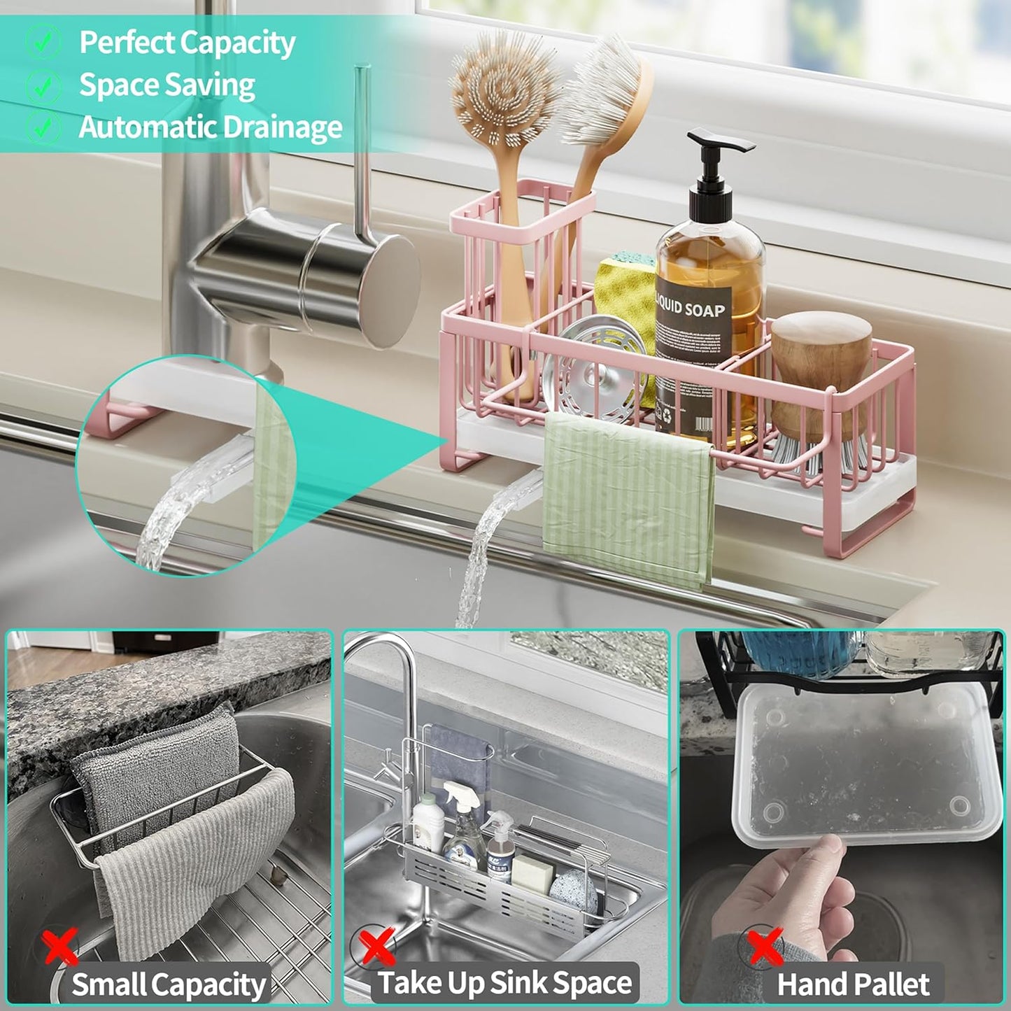 HapiRm Sponge Holder for Kitchen Sink - Self-draining Sink Caddy with Brush and Dishcloth Holders, Stainless Steel Kitchen Countertop Organizers and Storage Essentials - Black