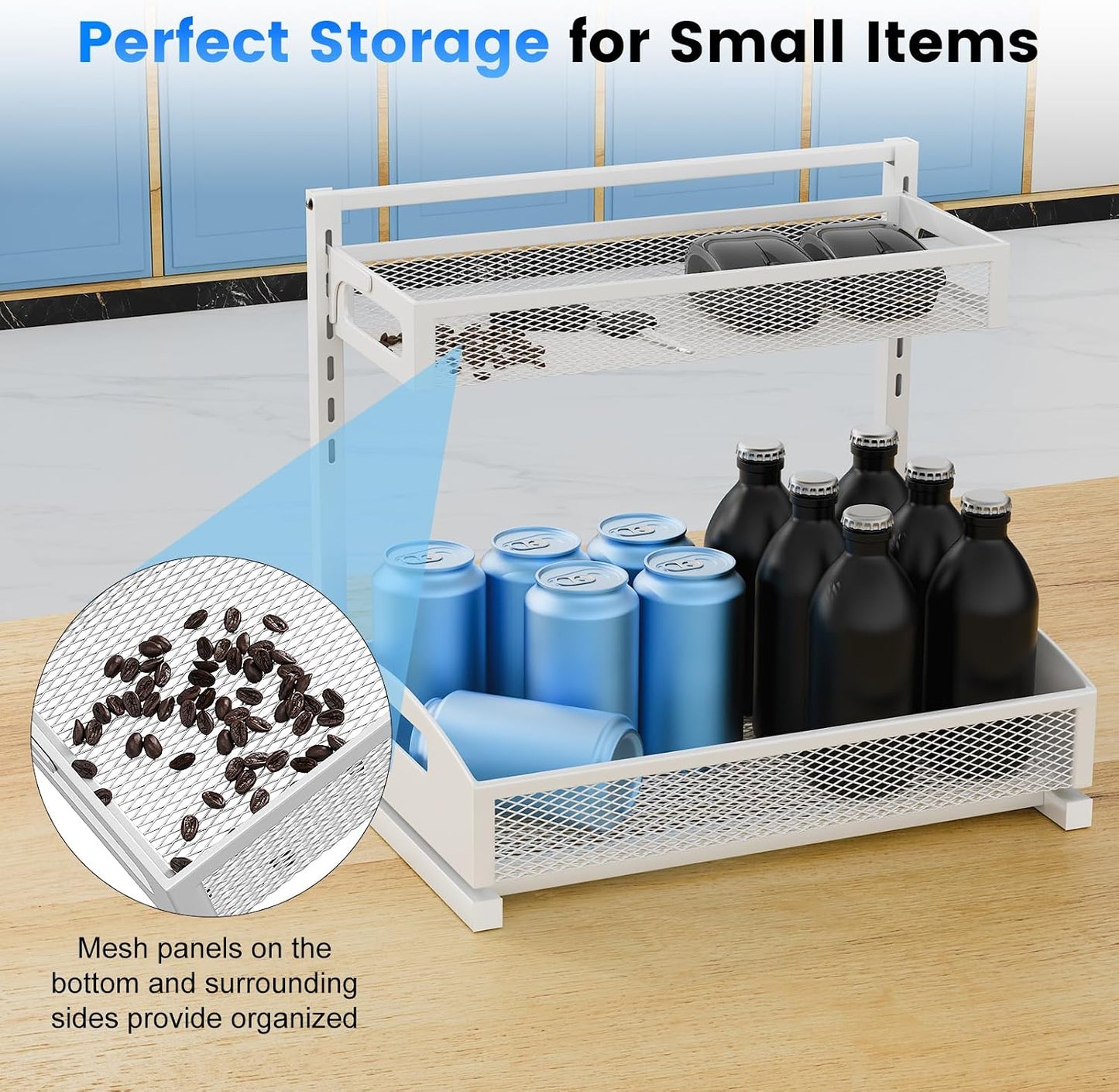 Petiza Under Sink Organizer Pull Out Cabinet Organizer Adjustable Height 2 Tier with Sliding Drawers Kitchen Bathroom Organizer and Storage(1pc)