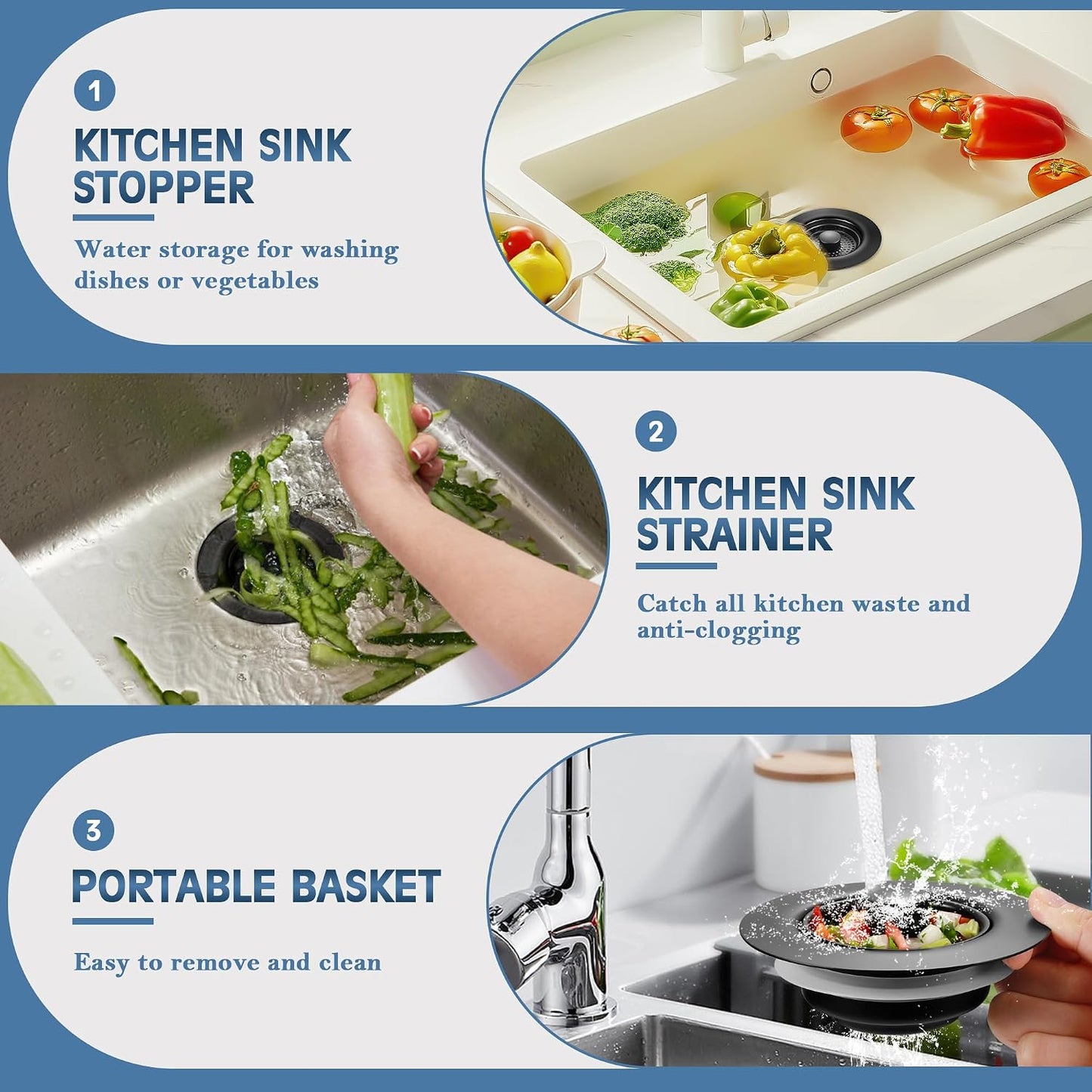 Sink Drain Strainer 3 in 1, 304 Stainless Steel Pop Up Kitchen Sink Stopper with Anti-Clogging Basket, Kitchen Essential Drain Anti-Clog Gadgets, Fits US Standard 3-1/2'' Sink Drain (SUS 304 Brushed)