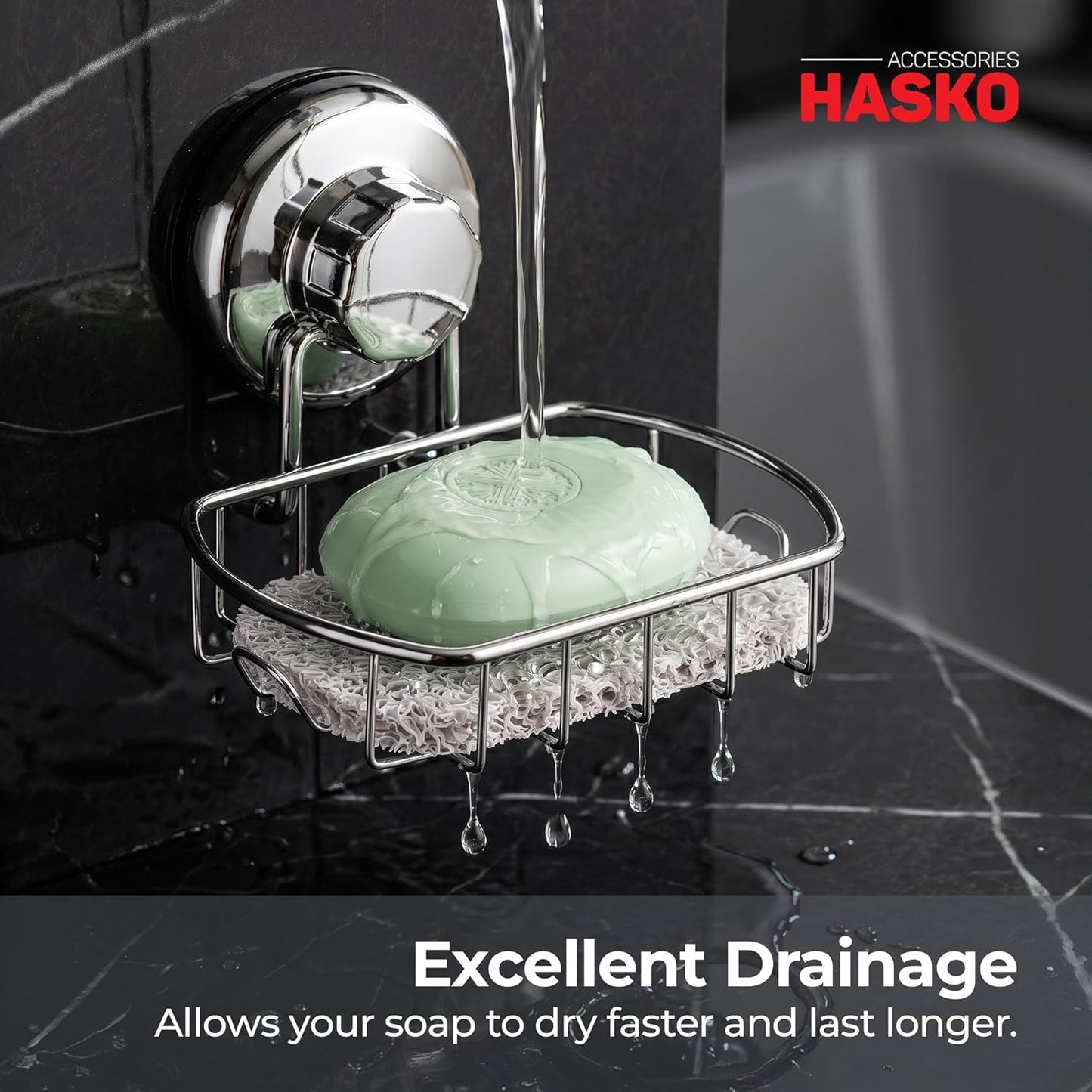 HASKO Suction Cup Soap Dish for Shower Wall, Rustproof Stainless Steel Shower Soap Holder for Bathroom with Hooks and Soap Saver, Includes Optional No Drill Adhesive Mount, Silver