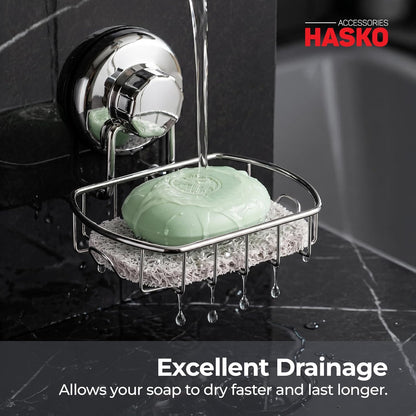 HASKO Suction Cup Soap Dish for Shower Wall, Rustproof Stainless Steel Shower Soap Holder for Bathroom with Hooks and Soap Saver, Includes Optional No Drill Adhesive Mount, Silver