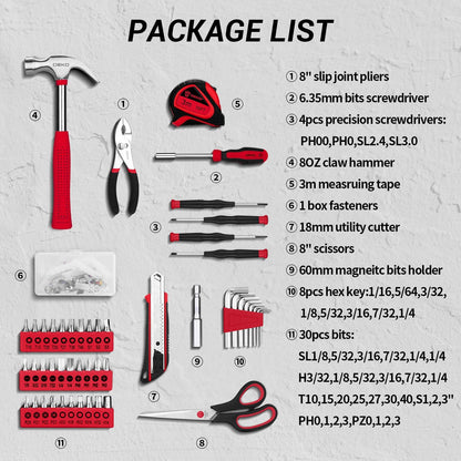 DEKOPRO General Household Hand Tool Kit with Plastic Toolbox Storage Case, All Purpose Home Tool Kit Includes Essential Tools for Office College Repairs, 50 Piece