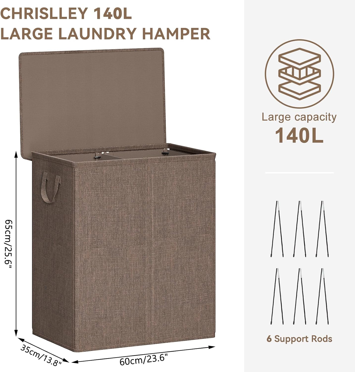 Chrislley 140L Laundry Hamper 2 Section, Double Laundry Basket with Lid, Large Dirty Clothes Hamper with Removable Liner Bags, Collapsible Laundry Organizer for Bedroom, Dorm,Beige