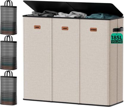 185L Laundry Hamper 3 Section with Lid & Removable Bags | Collapsible laundry basket organizer for laundry room, bedroom & dorm with 3 removable washing bags