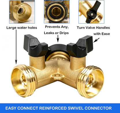 LIULO TOOL Brass Garden Hose Splitter 2 Way, Hose Y Splitter 3/4 Inch Heavy Duty Brass Hose Connector Tap Splitter, Hose Spigot Adapter 2 Valves with Rubber Washers