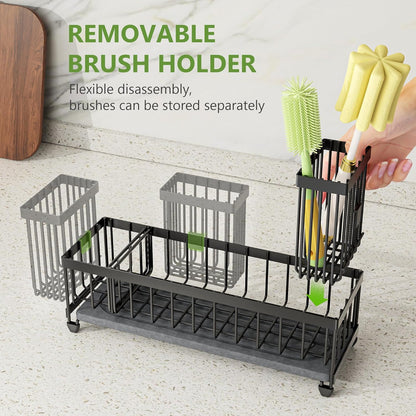 Cisily Extra Large Sink Caddy Organizer with Drying Stone, Black Sponge Holder for Kitchen, Dish Brush Holder for Countertop, Kitchen Decor Storage and Essentials
