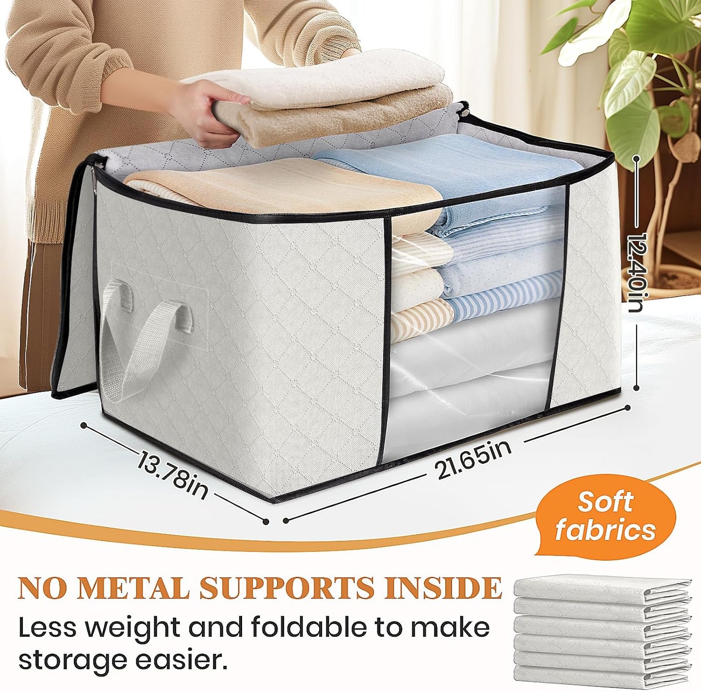 Fab totes 6 Pack Storage Bags for Clothes and Blanket, Foldable Closet Organizers and Storage with Zippers, Clear Window and Handles, Fabric Storage Bins for Sweater, Comforter, Bedding,Linen Sheets