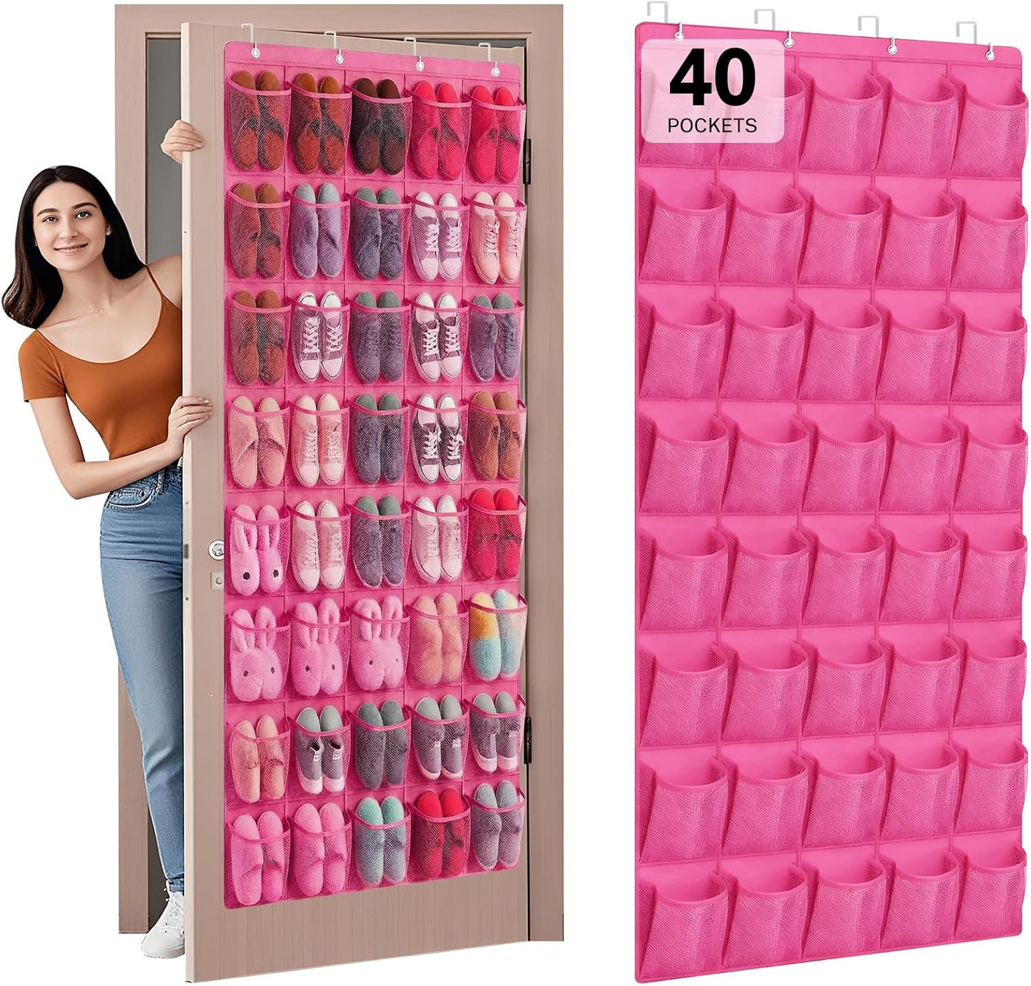 40 Large Mesh Pocket Over the Door Shoe Organizer,Hanging Shoe Rack for Door,Hualleko Shoes Organizer Hanger with Large Capacity, Shoes Storage Holder Sturdy Non-woven Fabric - Stores 20 Pairs (White)