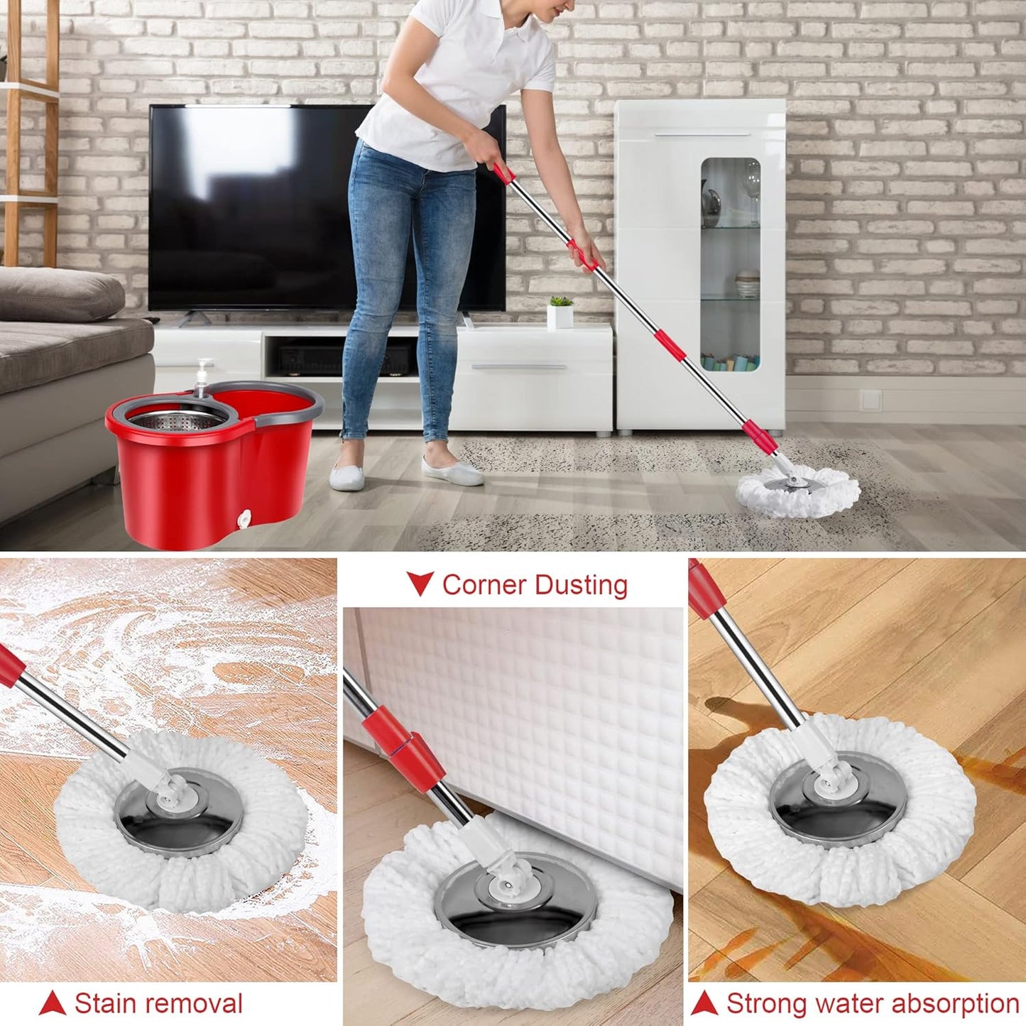 Spin Mop and Bucket with Wringer Set, 360° Spinning Mop Bucket System with 3 Microfiber Mop Replacement Heads, Adjustable Handle for Floor Cleaning (Green)