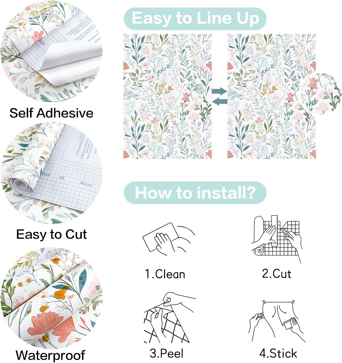 Froluya Floral Peel and Stick Wallpaper Boho Floral Contact Paper 16.9" x 118.1" Modern Wildflower Self Adhesive Wallpaper for Bathroom Flower Decorative Removable Wall Paper for Bedroom Cabinets