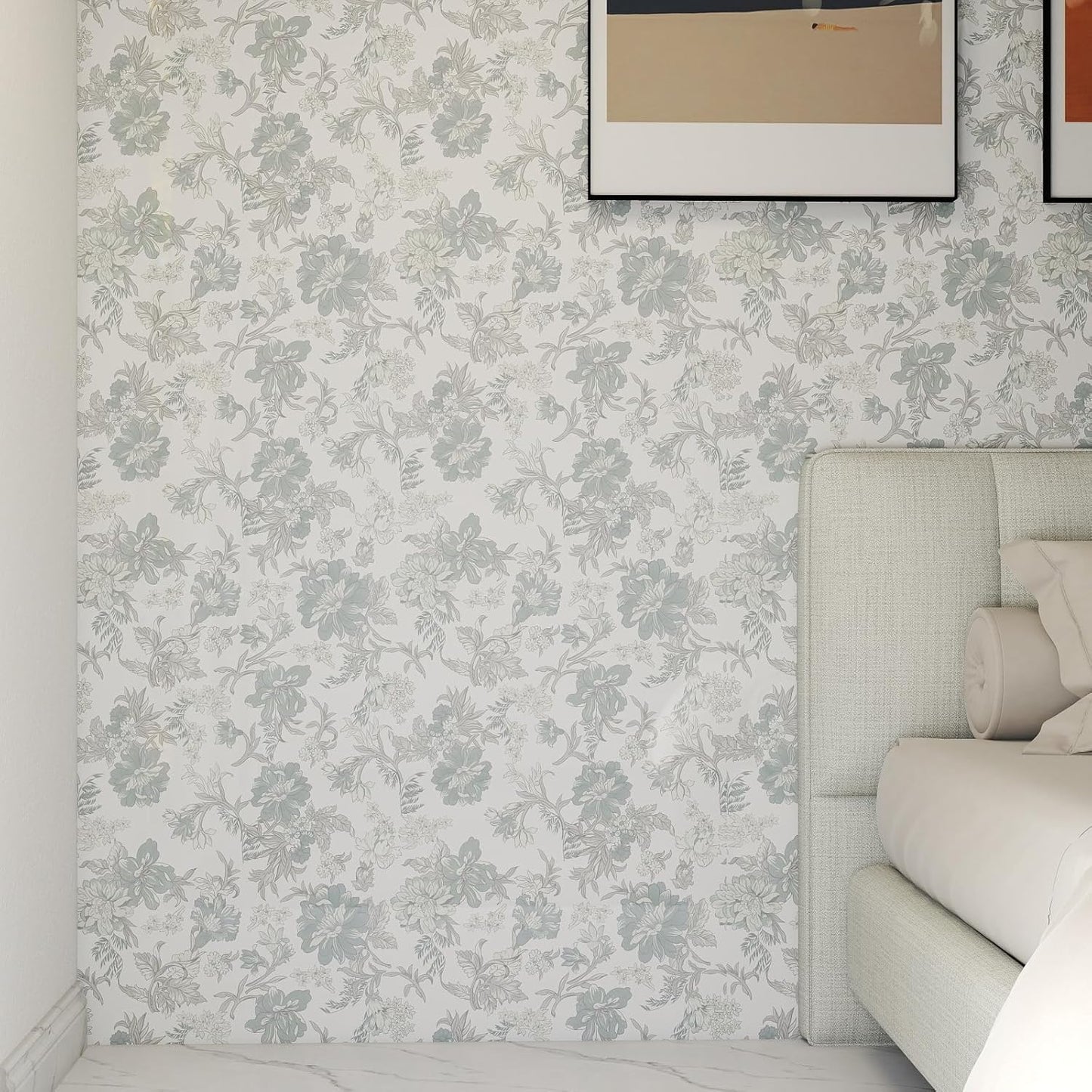 GloryTik Floral Peel and Stick Wallpaper, Removable Blue Floral Contact Paper, Self Adhesive Renter Friendly Wallpaper for Bedroom Living Room Bathroom (17.3" x 78.7")