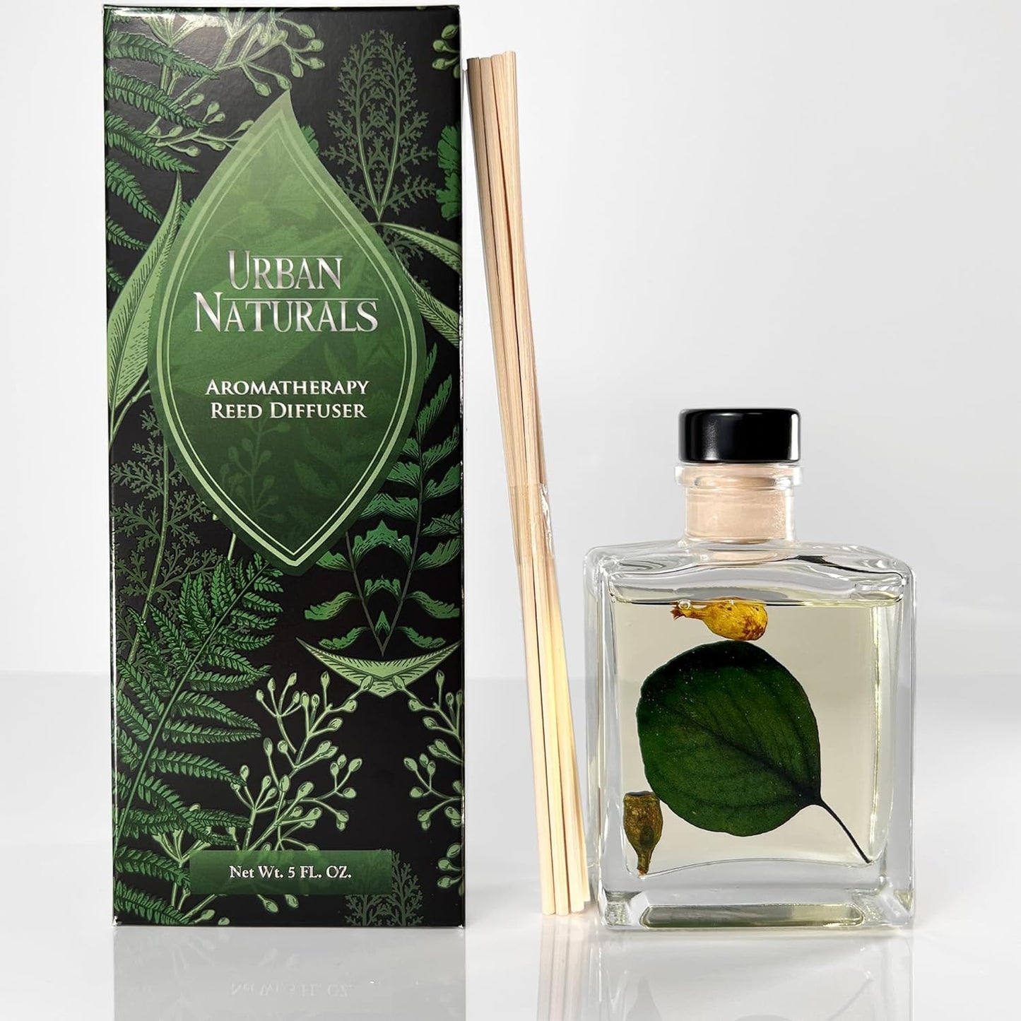 Urban Naturals Smoked Vanilla Reed Diffuser Set with Vanilla Bean, Sandalwood & Leather – 5 Ounce Sleek Black Rectangular Refillable Glass Bottle – Made in the USA