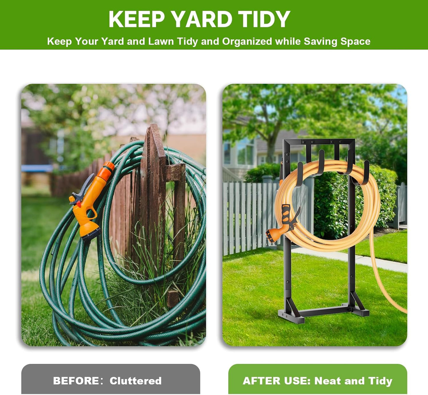 Garden Hose Holder with Stable Base and Tool Hooks, GAVISCITY Heavy-Duty Metal Hose Hanger Garden Hose Storage Holds 151Ft Hose, Rustproof Freestanding Water Hose Holder for Outside, Yard, Lawn, Black