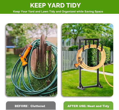 Garden Hose Holder with Stable Base and Tool Hooks, GAVISCITY Heavy-Duty Metal Hose Hanger Garden Hose Storage Holds 151Ft Hose, Rustproof Freestanding Water Hose Holder for Outside, Yard, Lawn, Black