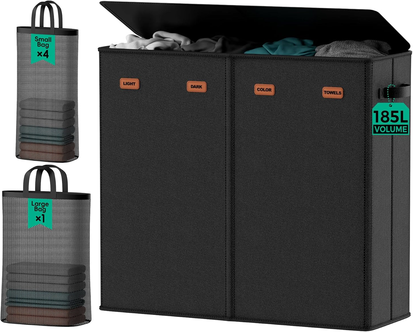 185L Laundry Hamper 3 Section with Lid & Removable Bags | Collapsible laundry basket organizer for laundry room, bedroom & dorm with 3 removable washing bags