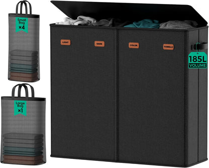 185L Laundry Hamper 3 Section with Lid & Removable Bags | Collapsible laundry basket organizer for laundry room, bedroom & dorm with 3 removable washing bags