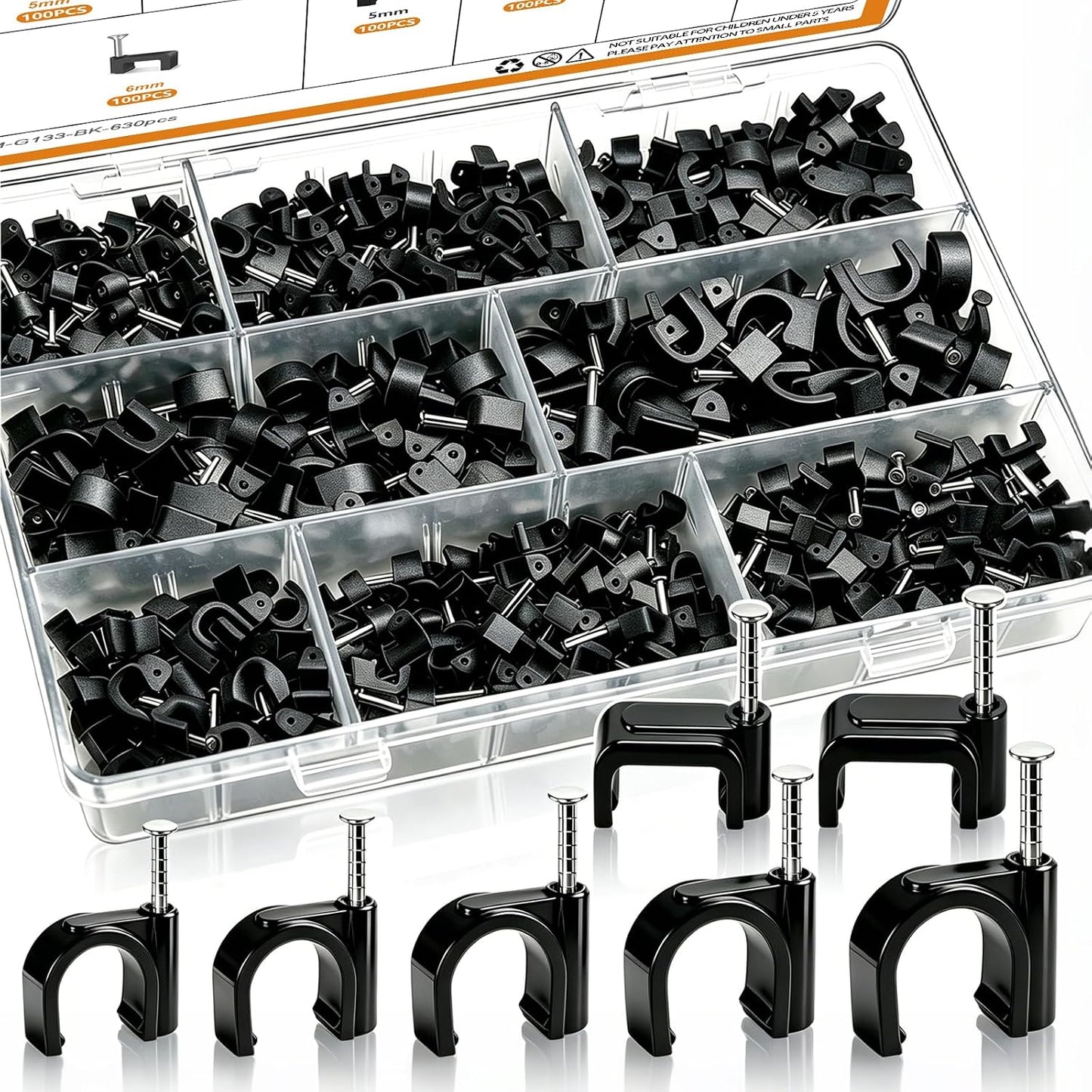 mankk 630PCS Steel Nail Cable Clips 4/5/6/8/10mm Round & 5/6mm Square | cable tacks for CAT6 RJ45 RG6 RG59 ethernet coax cords, white wall mounting clips