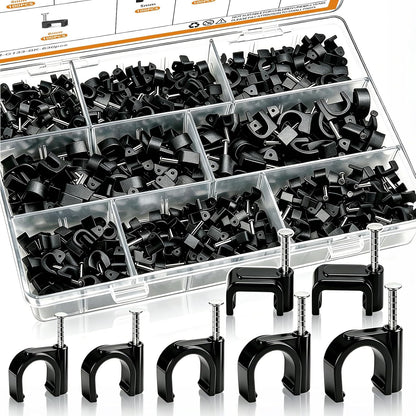 mankk 630PCS Steel Nail Cable Clips 4/5/6/8/10mm Round & 5/6mm Square | cable tacks for CAT6 RJ45 RG6 RG59 ethernet coax cords, white wall mounting clips