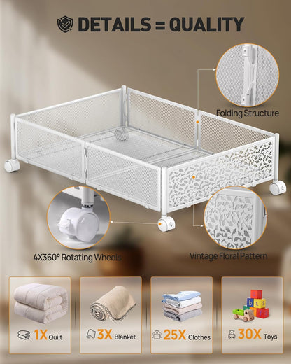 Under Bed Storage With Wheels, 2 Pack Foldable Pattern Carved Metal Under Bed Storage Containers, 60L Rolling Underbed Storage, Easy Assembly Under The Bed Storage for Shoes, Clothes, Blankets...