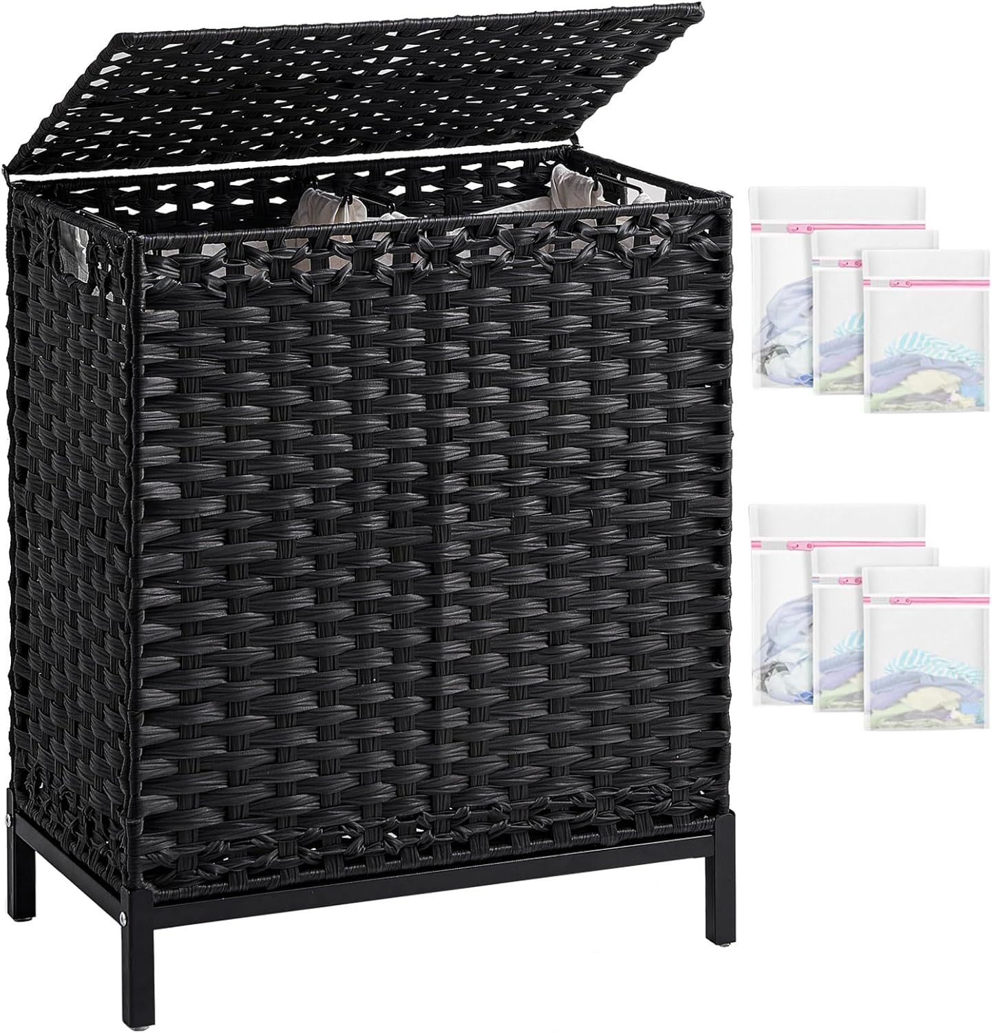 SETVSON Laundry Hamper with Lid 132 L, (35 Gallons) Clothes Hamper with Lid, Handwoven Rattan Laundry Hamper with Metal Heightened Feet, Laundry Hampers with 3 Removable Liner Bags for Laundry-Natural