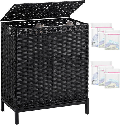 SETVSON Laundry Hamper with Lid 132 L, (35 Gallons) Clothes Hamper with Lid, Handwoven Rattan Laundry Hamper with Metal Heightened Feet, Laundry Hampers with 3 Removable Liner Bags for Laundry-Natural