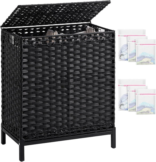 SETVSON Laundry Hamper with Lid 132 L, (35 Gallons) Clothes Hamper with Lid, Handwoven Rattan Laundry Hamper with Metal Heightened Feet, Laundry Hampers with 3 Removable Liner Bags for Laundry-Natural