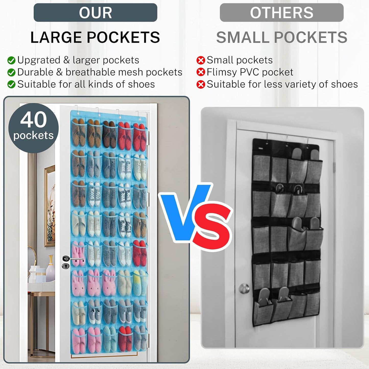 40 Large Mesh Pocket Over the Door Shoe Organizer,Hanging Shoe Rack for Door,Hualleko Shoes Organizer Hanger with Large Capacity, Shoes Storage Holder Sturdy Non-woven Fabric - Stores 20 Pairs (White)