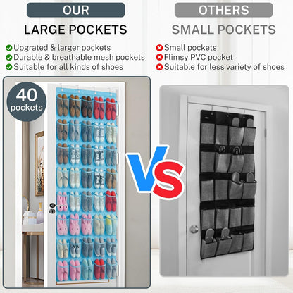40 Large Mesh Pocket Over the Door Shoe Organizer,Hanging Shoe Rack for Door,Hualleko Shoes Organizer Hanger with Large Capacity, Shoes Storage Holder Sturdy Non-woven Fabric - Stores 20 Pairs (White)