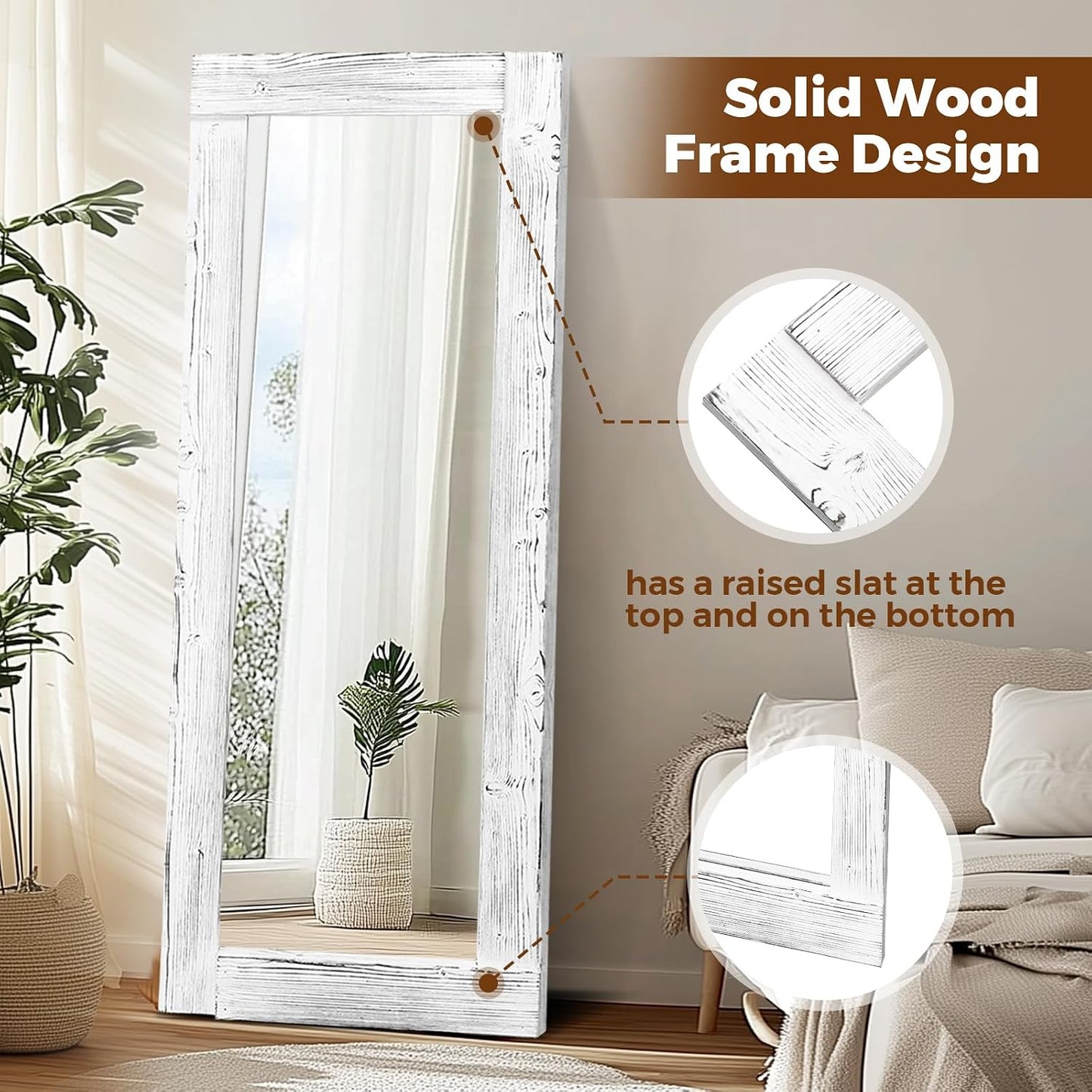 Solid Wood Full Length Mirror - 65"x22" Arched Floor Mirror, Free Standing & Wall Mounted - Elegant Design for Bedroom, Dressing Room, Hallway, Brown